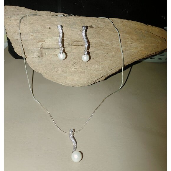 Necklace Earring Set 925 Sterling Silver 18 inch Faux Pearl Cubic Zirconia - Picture 9 of 13